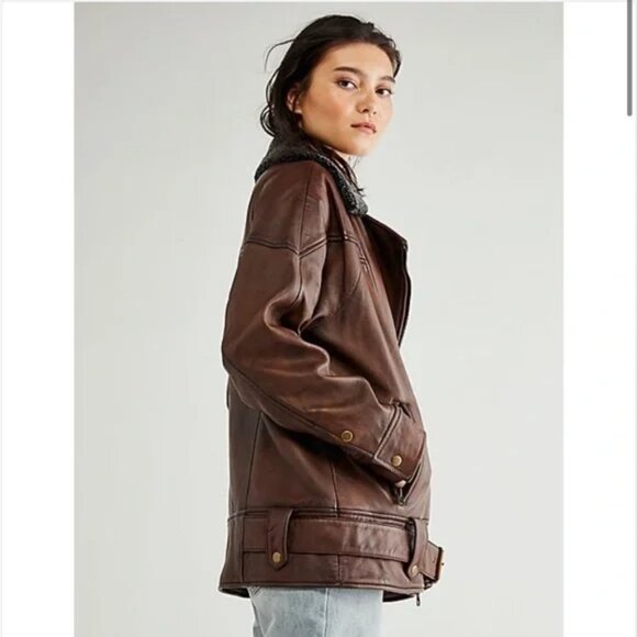 Free People Rori Slouchy Moto Leather Jacket w/ Sherpa Collar NWOT Size XS - Picture 1 of 11